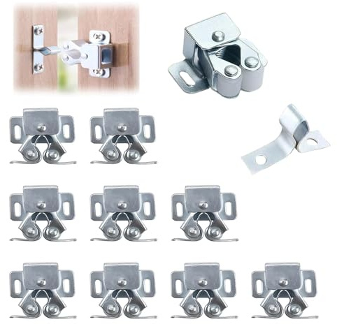 PHMING 10 Stück Möbelschnapper Kaltgewalzter Stahl, Doppelrollen Türschnapper, Schrank Verschluss mit Schrauben, Schnappschloss für Kleiderschränke, Schränke, Schubladen (Schnallenverstellbereich 7 MM