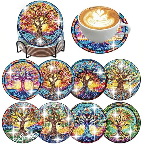 Diamond Painting Untersetzer mit Halter 8 Stück, Diamond Painting Untersetzer, Rund Magischer Baum DIY Untersetzer Serviertablett rutschfest für Tassen, Weingläser, Vasen und Heimküche