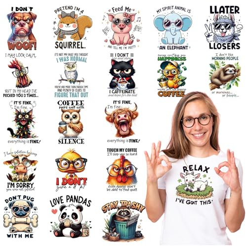 Eiapadeor Sarcastic Iron on Transfers Stickers - 20 Pcs Funny Animals Iron on Patches for T-Shirts Dtf Transfers Ready to Press Heat Transfer Vinyl Decals for Clothes Bag Pillow Fabric Decor