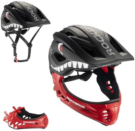ROCKBROS Casco Integrale Bici Bambino con Mento Staccabile, Caschetto MTB per Bambini Ragazzi Bimbi Protezione Sicurezza per Bicicletta BMX Skateboard Scooter, Regolabile S 48-52cm, Nero e Rosso