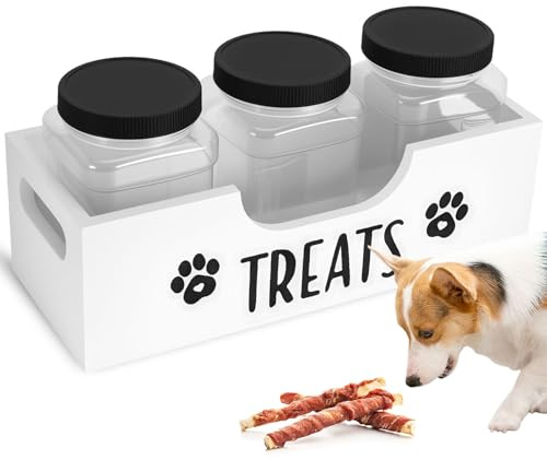 ZONJIE Dog Treat Jar Set of 3, Dog Food Container with Wooden Holder, White