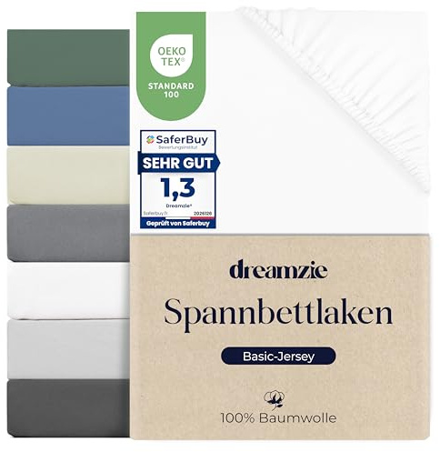 Dreamzie Sabana Bajera 180x200 Ajustable Algodon Jersey, Altura colchon 30 cm hasta 27 cm, Oeko-Tex Certificado, hipoalergenica, Blanco