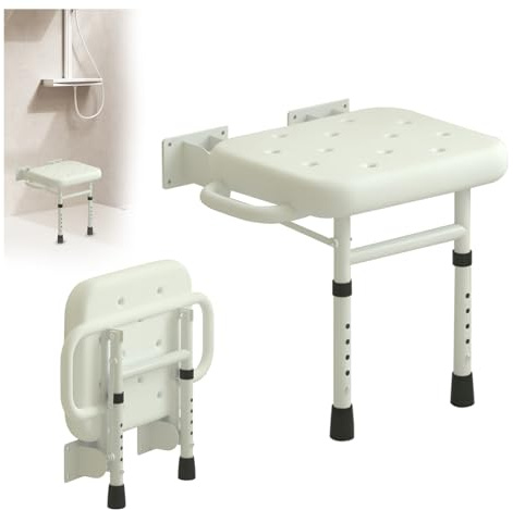 BAKENLON Silla de Ducha Plegable, Asiento de Ducha para Montaje en Pared, Taburete de Baño Plegable con Apoyabrazos & Patas Antideslizantes, Regulable en Altura, Carga máxima 300 kg