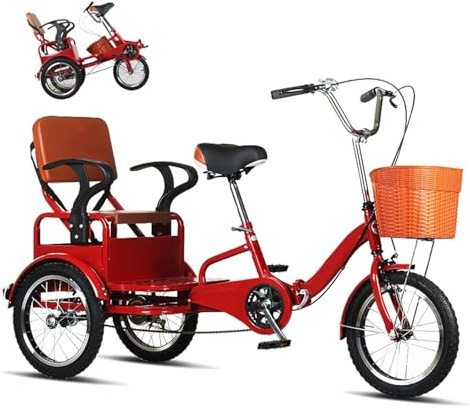 Justerbar lastcykel, 16-tums hopfällbar Vuxen Trehjuling Tandem Baksäte Justerbar 3-hjulsförvaring Röd/Svart(Red)