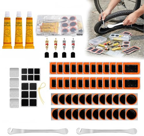 Probuk Fahrrad Reifen Flickzeug Set – Komplettes Reifenreparaturset mit Selbstklebenden & Kleber-Flicken,Reifenhebern,Ventilkernen und Aufbewahrungsbox,Tragbares Flickset für MTB,Rennrad,BMX&E-Bike