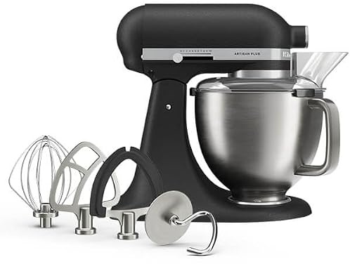 KitchenAid Artisan Plus 4.7L Stand Mixer, Tilt-Head Food Mixer with Stainless Steel Bowl, 10 Speed Settings, Dough Hook, Flat Beater & Wire Whisk Included, Cast Iron Black