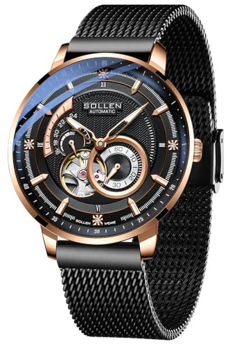 SOLLEN Skelett Automatik Uhr Herren,Automatische Herrenuhren mit Sekundenzeiger & 24-Stunden-Rufnummer,Minimalistische Herrenuhr Luxus,Originales Mechanisches Uhrwerk,Klassische Uhrengeschenk für Mann