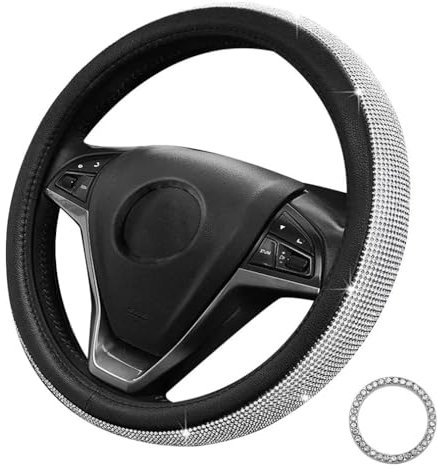 Pahajim Car Steering Wheel Covers with Sparkly Diamond,Glitter Diamante Steering Wheel Cover Bling Car Accessories for Women Ladies (black-white)