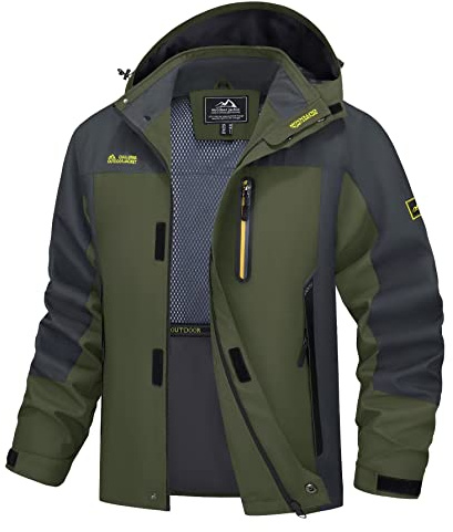 MAGCOMSEN Rain Coats for Men Waterproof Lightweight Softshell Hooded Jackets Windbreaker Hiking Walking Jacket Army Green, XL