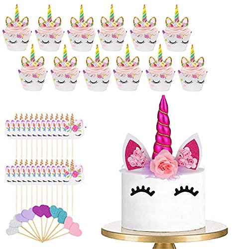 74 Stück Einhorn Tortendeko,Einhorn Kuchen Topper Happy Birthday für Geburtstag Hochzeit Party Kuchendeko 3D EinhornhöRner Und -Wimpern für Baby Shower Mädchen Kinder Geburtstag Party Decor（Rot）