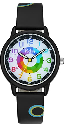 KDM Klockor för barn, barn, flickor, pojkar, vattentät analog läderklocka, läderrem, vattentät, D svart., Remmar