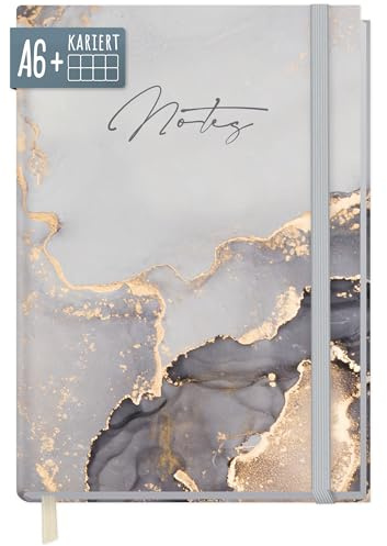 paper&you® Notizbuch kariert A6+ mit Gummiband Grey Marble mit 156 Seiten, 78 Blatt - Notizheft, Journal, Tagebuch - nachhaltig & klimafreundlich