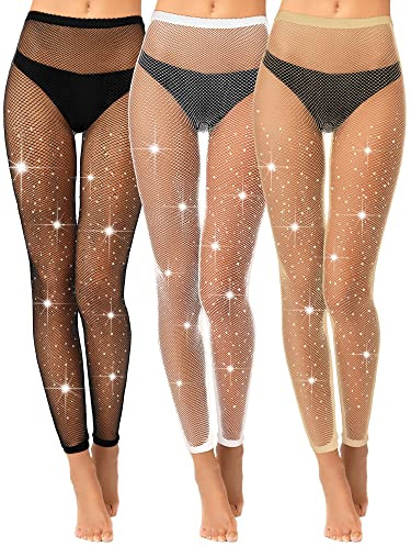 Geyoga 3 Paia Collant a Vita Alta con Strass Collant a Rete senza Piede da Donna, Taglia Unica (Nero, Nudo, Bianco)
