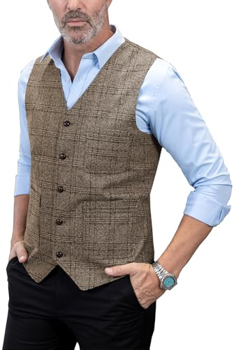 Solove-Suit Herren Elegant Anzug Weste Kariert Plaid Slim Fit Wolle Tweed Weste für Hochzeits(Braun,L)