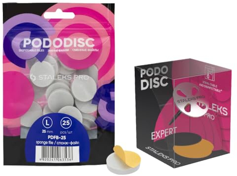 STALEKS Pro Pediküre-Set: 25x Einweg-Schleifkappen für Pododisc 25mm & 20mm Fußpflege-Fräser aus Edelstahl + 5 Ersatzfeilen - Professionelles Nagelfräser Bits-Set (PDFB-20 & PDset-20)