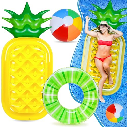 Chennyfun 3 Stück Aufblasbarer Schwimmring,mit Einem Aufblasbare Wasserhängematte Schwimmbett und Einem Aufblasbaren Ball, Schwimmstuhl für Erwachsene und Kinder für Kids and Adults Sommer Poolpartys