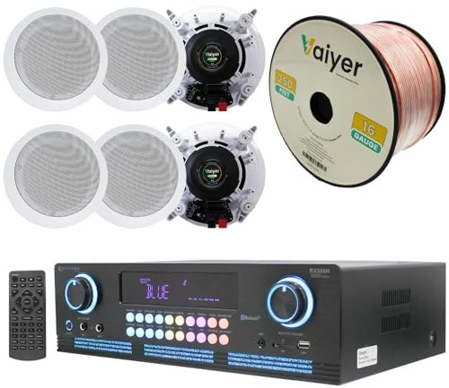 Technical Pro Home Theater System Kit 2000 Watts Bluetooth Amplifier with 6 Qty 5.25 175 Watts in-Wall in-Ceiling Speakers & 16 Gauge 250 ft. Speaker Wire