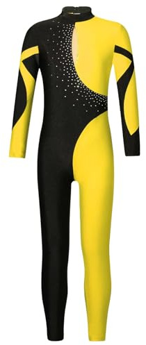 Sinleey Kids Girls Shiny Color Block Gymnastics Leotard Dance Unitard Bodysuit One Piece Long Sleeve Full Body Jumpsuit Yellow A 12 Years