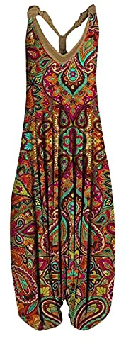 Harem Jumpsuit for Women UK,Ladies Dungarees Vintage Ethnic Casual Loose Sleeveless V Neck Tank Jumpsuits Elegant Suspender Bib Overalls Pants Summer Romper Playsuits Outfits with Pockets