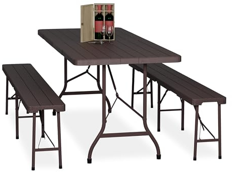 Relaxdays Bierzeltgarnitur klappbar, 3-TLG. Bierbank Set mit großem Tisch, Garten, Festzeltgarnitur, Holzoptik, braun