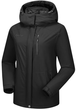 OutPro Skijacke Damen Wasserdicht Snowboardjacke Winterjacke Hooded Warm Winterjacke Dickes Gänsedaunenfutter Doppelte Seitentaschen Wanderjacke mit Reißverschluss für Outdoor-Aktivitäten Schwarz XL