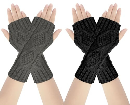 AUYAO 2Pcs Winter Armstulpen Damen Thermo Gestrickte Fingerlos Handschuhe Warm Strick Handstulpen Unisex Armwärmer Stulpen Pulswärmer Winterhandschuhe mit Daumenloch Über (A: Schwarz+Dunkelgrau,22cm)