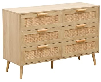 Kingwudo® Wooden and Weave Chest of Drawers with 6 Drawers 6 Dresser Cabinet Tables Storage Cabinet Organizer Unit Cupboard Drawers Chest for Bedroom Furniture,Living Room,Kitchen