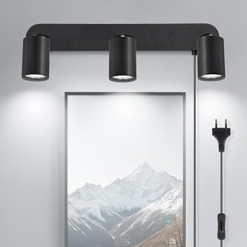 TaFiCo Aplique Pared con Enchufe y Interruptor 3 Focos Negro GU10 - Lampara de Pared con Cable Giratorio 350° Retro - Apliques Pared Dormitorio Salón Pasillo Pintura Mural - Sin Bombillas