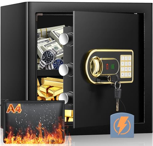 50L Großer Safe Tresor Feuerfest mit Zahlenschloss & A4 Feuerfester Tasche | Alarmmodus, Abnehmbares Regal, Externes Batteriefach, Digitaler Möbeltresor für Zuhause Büro Bargeld Schmuck DIN A4 Ordner