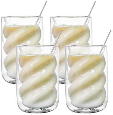 Lot de 4 verres à double paroi pour latte macchiato - 350 ml - Avec 4 cuillères - En forme de spirale - Pour cappuccino, latte, thé, thé glacé, américain glacé et lait