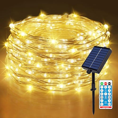 Meision Solar Lichterkette Aussen 10m 100LEDs, LED Lichterkette Kupferdraht mit Timer + Fernbedienung + 8 Modi+ IP65 Wetterfest, Lichterkette Weihnachtsbaum für Balkon, Party, Warmweiß