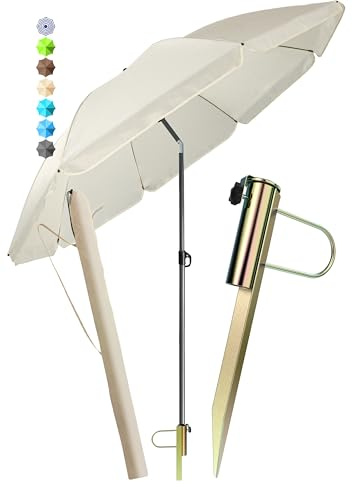 Menz Sonnenschirm Strand Ø 180 cm in Beige, 3-IN-1 Set - UPF 50+ Strandschirm windfest stabil + Schirmhülle + Rasendorn Sonnenschirmhalter - Sonnenschirm mit Rasendorn für Garten, Schirmspieß