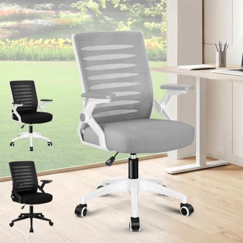 ALFORDSON Mesh Bürostuhl Chefsessel Ergonomischer Schreibtischstuhl, Hochwertiger Schaumstoff Sitz, S-Kurven Rückenstütze,Hochklappbare Armlehnen, 360° Drehstuhl, 180 kg belastbar, Weiß Grau