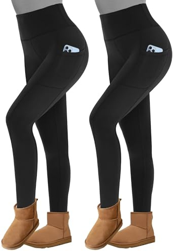 TNNZEET 2 Pack Thermal Leggings with Pockets Women Fleece Lined Pants High Waisted Fur Tights for Hiking Yoga in Winter(Black,S-M)