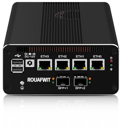 ROUAFWIT Mini PC Dual 10Gbe N150(Upgrade N100) Firewall Hardware, 2 x SFP+ 10GbE, 4 x 2.5Gbe i226-V LAN with Filter Connector, AES-NI, SIM, TF, 3 Display, Barebone, NO RAM NO Storage No System
