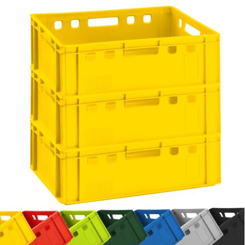Fleischkiste E2 3er Set Gelb Eurobox 60x40x20 cm Stapelkiste Lagerkiste | BURI, lebensmittelecht, Made in Germany, Metzgerkiste, Lagerkiste, robuster Kunststoff, Transportbox, stapelbar, Industrie