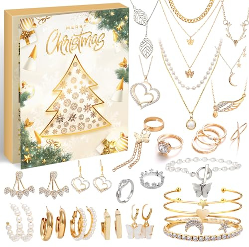 ZJTAPE Schmuck Adventskalender Frauen 2025 - Mädchen Weihnachtskalender, 24 Überraschungen Armband Halskette Ring Ohrringe, Countdown Kalender, Weihnachten Geschenk für Damen Mädchen Beste Freundin