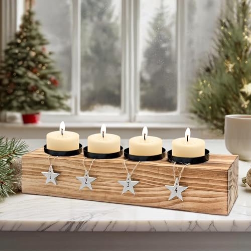Corona De Adviento De Madera Alargada, Centro De Mesa Navidad, con 4 Candelabros, Portavelas Navidad, Moderno Soporte para Velas De Adviento, Salón, Decoración