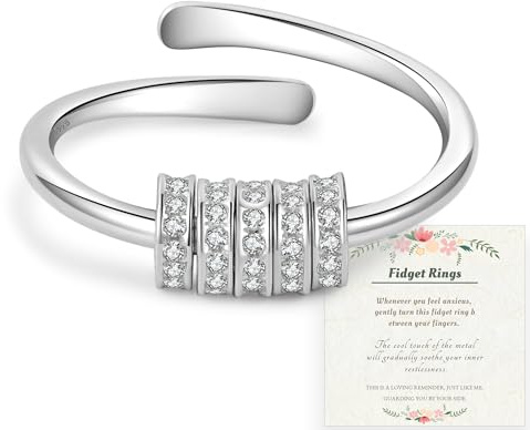 PABBEU Anti Stress Ring Silber 925, Verstellbare Rings mit Kugeln Gegen Stress, Fidget Ring Silber mit Zirkonia für Frauen