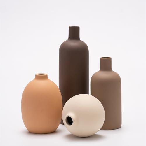 Juego de 4 jarrones de cerámica, jarrones de cerámica para decoración del hogar, floreros Decorativos para Hierba de Pampa y Flores secas, Mesa, estantería (Café,Naranja,Beige,marrón)