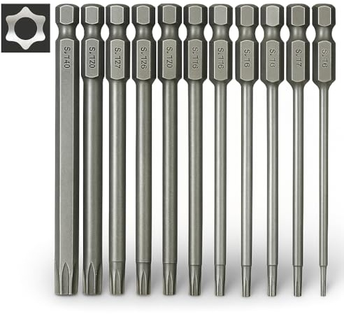 11 Stück Torx Lange Schraubendreher Bit Set, Magnetischem 1/4 Sechskantschaft mit 100 mm Lange Bits, Robustem S2 Stahl, Präzisen Sternprofilen T6–T40 für Werkstatt Heimwerker Elektroarbeiten
