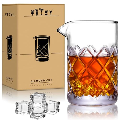 Cocktail Mixing Glass, 24 OZ Crystal Diamond Cut Stirring Glass, Thick Weighted Bottom, Lead-Free Cocktail Mixer Glass for Home Bar, Craft Bars, Bartenders, Whiskey, Martini, Manhattan, Old Fashioned