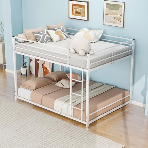 FOUBAM 4FT6 Double Bunk Beds, Full Over Full Loft Bed Frame Metal Heavy Duty Full Size Bunk Beds for Kids, Double Bed Frame for Boys And Girls,Loft Bed With Ladder and Guardrail (White)