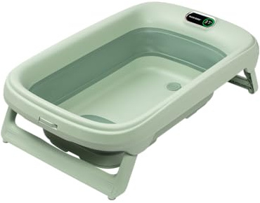 Maxi-Cosi Indigo Faltbare Badewanne Baby, 0-4 Jahre, Geräumige Mobile Badewanne Kleinkind, Integriertes HighSense Thermometer, Rutschfest, Klappbarer Hängehaken, Flach Faltbar, Sage Green