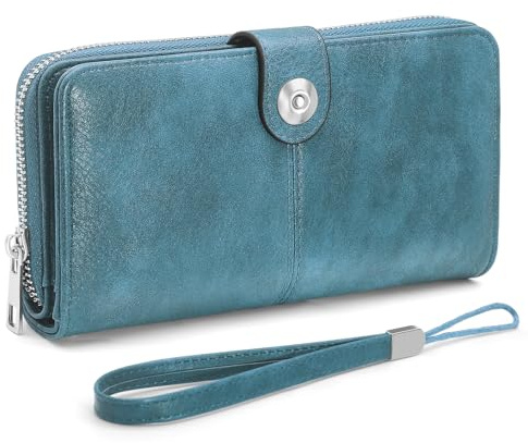 GOUNNU Portefeuille Femme Porte Monnaie Femme Grande Cuir PU Format Long Porte Monnaie Blocage RFID Porte Feuille pour Femme Porte Carte 10 Emplacements et Éclair Poche Monnaie Portefeuille (Bleu)
