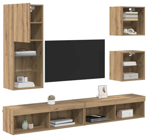 vidaXL Unités murales TV avec LED 5 pcs Chêne Artisanal Bois d'ingénierie, Salon Moderne, unités rectangulaires pour TV, armoires murales, rangements stylés, Meuble Minimaliste, éclairage USB LED