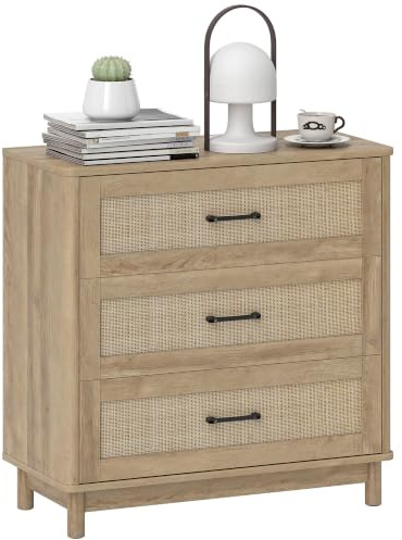 HOMCOM Bohemian Rattan Kommode Kommode 3 Schubladen Kommode mit Beinen aus Kiefernholz Breite Aufbewahrungseinheit für Wohnzimmer Flur Eiche