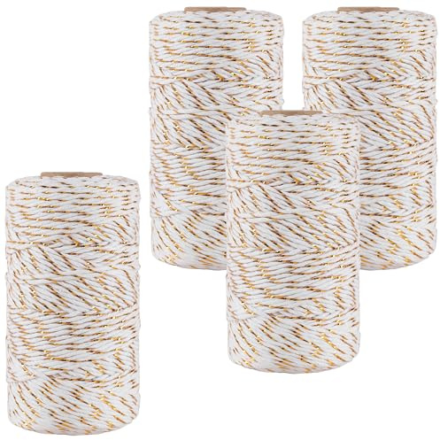 SENJEOK 4 Roll 2mm x 100m Cotton Twine Rope, Gold and White String for Gift Wrapping and Craft