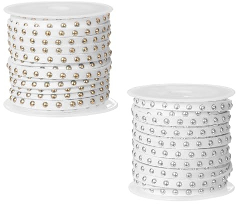 QUARKZMAN 2 Rollos De 5 Yardas De Cordón De Piel Sintética 5 Mm De Ancho | Con Tachuelas, Cinta Plana De Microfibra De Cuero Falso, Con Remaches Plateados Y Dorados, Para Manualidades