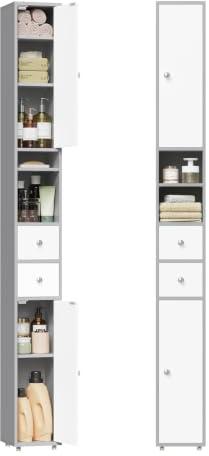 EUGAD Badezimmerschrank, Badschrank schmal hoch, schlanker Badschrank, 20 x 20 x 180 cm, Aufbewahrungsschrank mit verstellbaren Ablagen, offene Fächer, für kleine Räume, modern, Grau+Weiß 0285WY